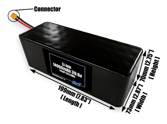 Size reference photo of the 14000mAh 39.6V lithium ion pack showing 199 mm by 73 mm by 70 mm dimensions ideal for drones or large robotic systems where space matters.