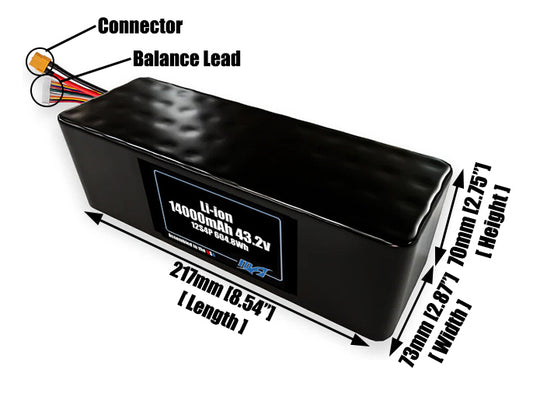 Size reference photo of the 14000mAh 43.2V lithium ion pack showing 217 mm by 73 mm by 70 mm dimensions ideal for drones or large robotic systems where space matters.