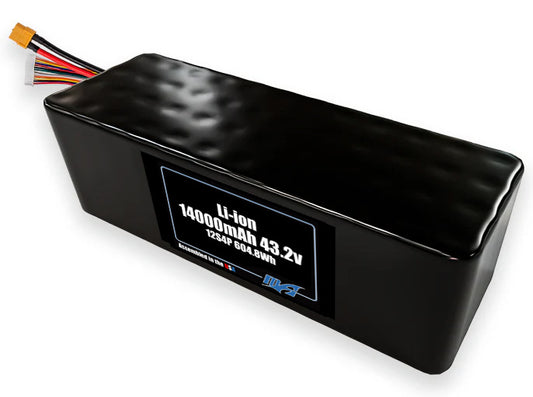 Compact 43.2-volt 14000mAh lithium-ion battery, built for lightweight drone, UAV, and robotics projects.