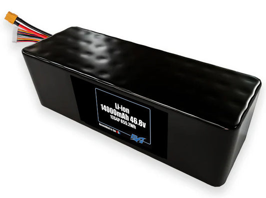 Compact 46.8-volt 14000mAh lithium-ion battery, built for lightweight drone, UAV, and robotics projects.