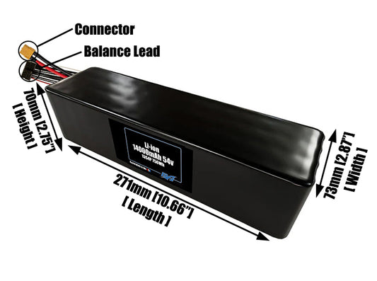 Size reference photo of the 14000mAh 54V lithium ion pack showing 271 mm by 73 mm by 70 mm dimensions ideal for drones or large robotic systems where space matters.