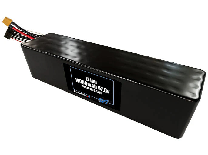 Compact 57.6-volt 14000mAh lithium-ion battery, built for lightweight drone, UAV, and robotics projects.