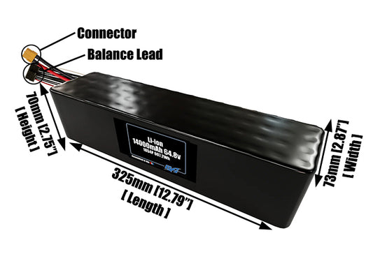 Size reference photo of the 14000mAh 64.8V lithium ion pack showing 325 mm by 73 mm by 70 mm dimensions ideal for drones or large robotic systems where space matters.