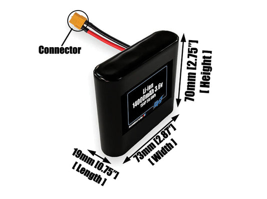 Size reference photo of the 14000mAh 3.6V lithium ion pack showing 19 mm by 73 mm by 70 mm dimensions ideal for drones or large robotic systems where space matters.
