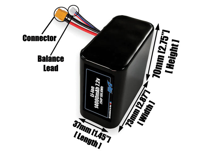 Size reference photo of the 14000mAh 7.2V lithium ion pack showing 37 mm by 73 mm by 70 mm dimensions ideal for drones or large robotic systems where space matters.