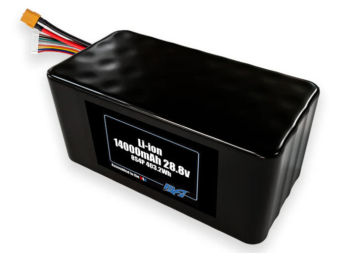Compact 28.8-volt 14000mAh lithium-ion battery, built for lightweight drone, UAV, and robotics projects.