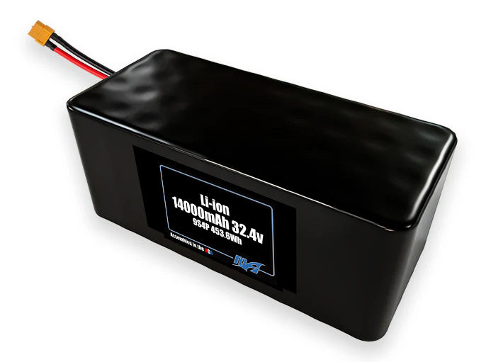 Compact 32.4-volt 14000mAh lithium-ion battery, built for lightweight drone, UAV, and robotics projects.