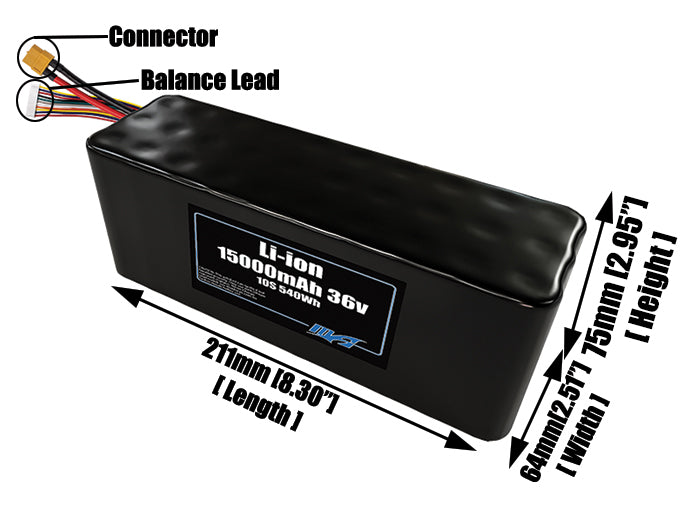 Size reference photo of the 15000mAh 36V lithium ion pack showing 211 mm by 64 mm by 75 mm dimensions ideal for drones or large robotic systems where space matters.