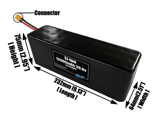 Size reference photo of the 15000mAh 39.6V lithium ion pack showing 232 mm by 64 mm by 75 mm dimensions ideal for drones or large robotic systems where space matters.