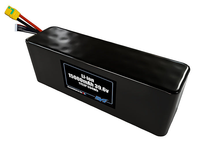 Compact 39.6-volt 15000mAh lithium-ion battery, built for lightweight drone, UAV, and robotics projects.