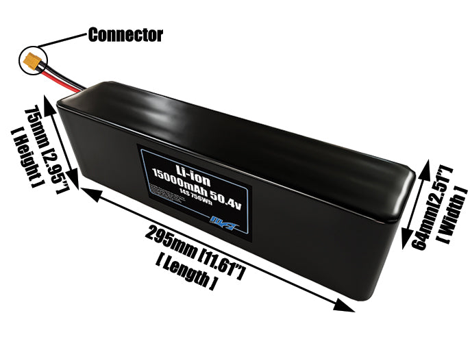 Size reference photo of the 15000mAh 50.4V lithium ion pack showing 295 mm by 64 mm by 75 mm dimensions ideal for drones or large robotic systems where space matters.