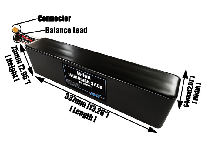 Size reference photo of the 15000mAh 57.6V lithium ion pack showing 337 mm by 64 mm by 75 mm dimensions ideal for drones or large robotic systems where space matters.