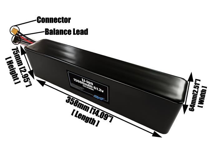 Size reference photo of the 15000mAh 61.2V lithium ion pack showing 358 mm by 64 mm by 75 mm dimensions ideal for drones or large robotic systems where space matters.
