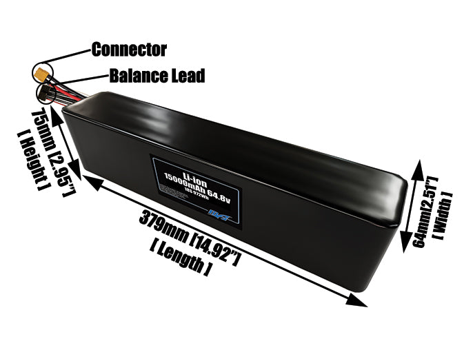 Size reference photo of the 15000mAh 64.8V lithium ion pack showing 379 mm by 64 mm by 75 mm dimensions ideal for drones or large robotic systems where space matters.