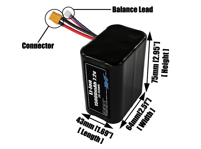 Size reference photo of the 15000mAh 7.2V lithium ion pack showing 43 mm by 64 mm by 75 mm dimensions ideal for drones or large robotic systems where space matters.