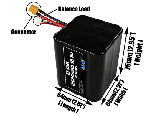 Size reference photo of the 15000mAh 10.8V lithium ion pack showing 64 mm by 64 mm by 75 mm dimensions ideal for drones or large robotic systems where space matters.
