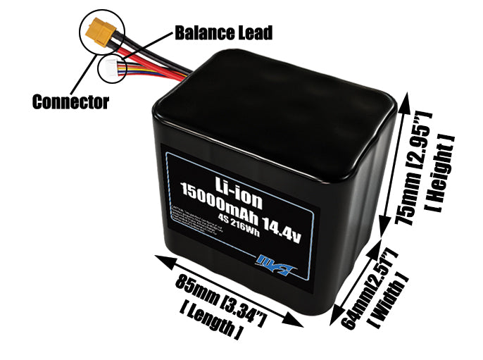 Size reference photo of the 15000mAh 14.4V lithium ion pack showing 85 mm by 64 mm by 75 mm dimensions ideal for drones or large robotic systems where space matters.