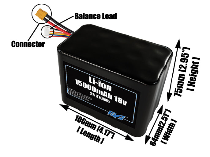 Size reference photo of the 15000mAh 18V lithium ion pack showing 106 mm by 64 mm by 75 mm dimensions ideal for drones or large robotic systems where space matters.