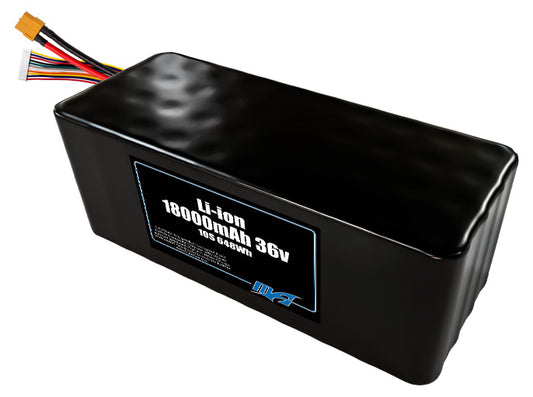 Compact 36-volt 18000mAh lithium-ion battery, built for lightweight drone, UAV, and robotics projects.