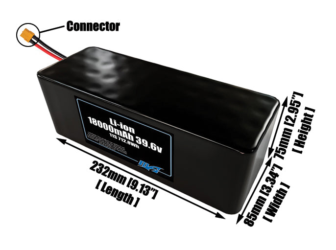 Size reference photo of the 18000mAh 39.6V lithium ion pack showing 232 mm by 85 mm by 75 mm dimensions ideal for drones or large robotic systems where space matters.