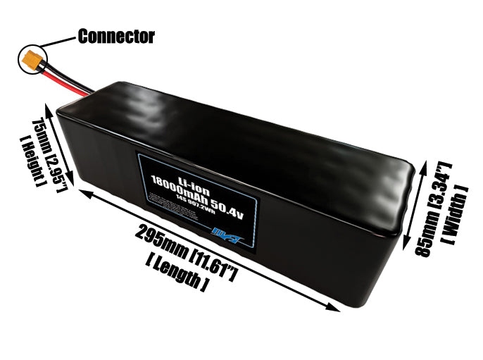 Size reference photo of the 18000mAh 50.4V lithium ion pack showing 22 mm by 85 mm by 75 mm dimensions ideal for drones or large robotic systems where space matters.