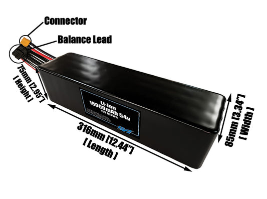 Size reference photo of the 18000mAh 54V lithium ion pack showing 316 mm by 85 mm by 75 mm dimensions ideal for drones or large robotic systems where space matters.