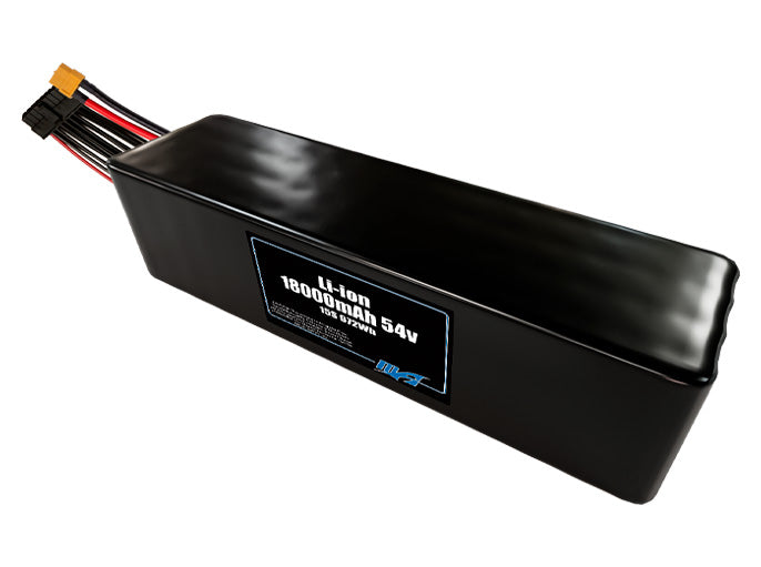 Compact 54-volt 18000mAh lithium-ion battery, built for lightweight drone, UAV, and robotics projects.