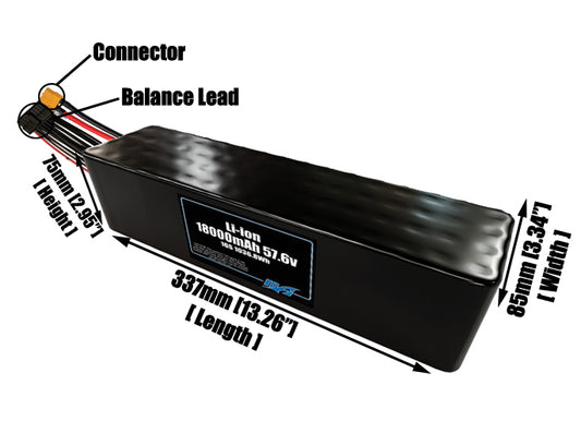 Size reference photo of the 18000mAh 57.6V lithium ion pack showing 337 mm by 85 mm by 75 mm dimensions ideal for drones or large robotic systems where space matters.