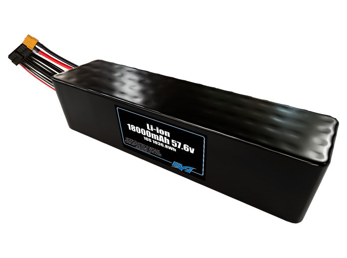 Compact 57.6-volt 18000mAh lithium-ion battery, built for lightweight drone, UAV, and robotics projects.