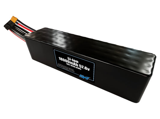 Compact 57.6-volt 18000mAh lithium-ion battery, built for lightweight drone, UAV, and robotics projects.