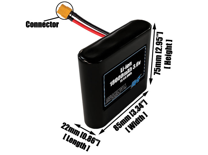 Size reference photo of the 18000mAh 3.6V lithium ion pack showing 22 mm by 85 mm by 75 mm dimensions ideal for drones or large robotic systems where space matters.