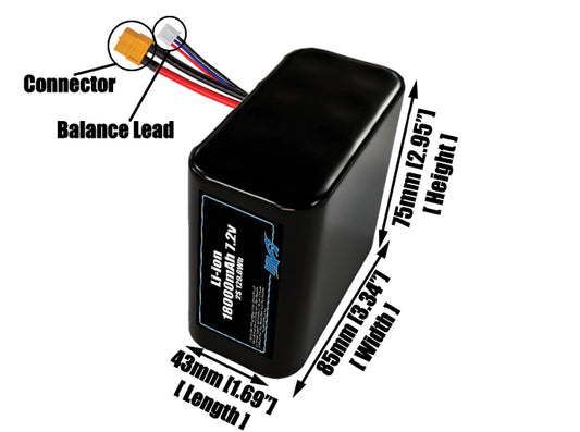 Size reference photo of the 18000mAh 7.2V lithium ion pack showing 43 mm by 85 mm by 75 mm dimensions ideal for drones or large robotic systems where space matters.