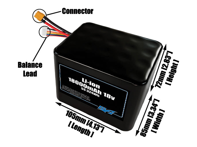 Size reference photo of the 18000mAh 18V lithium ion pack showing 105 mm by 85 mm by 75 mm dimensions ideal for drones or large robotic systems where space matters.