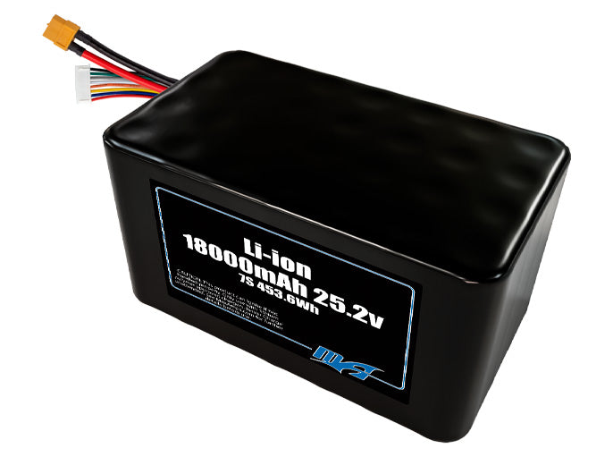 Compact 25.2-volt 18000mAh lithium-ion battery, built for lightweight drone, UAV, and robotics projects.