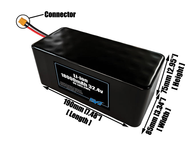 Size reference photo of the 18000mAh 32.4V lithium ion pack showing 190 mm by 85 mm by 75 mm dimensions ideal for drones or large robotic systems where space matters.