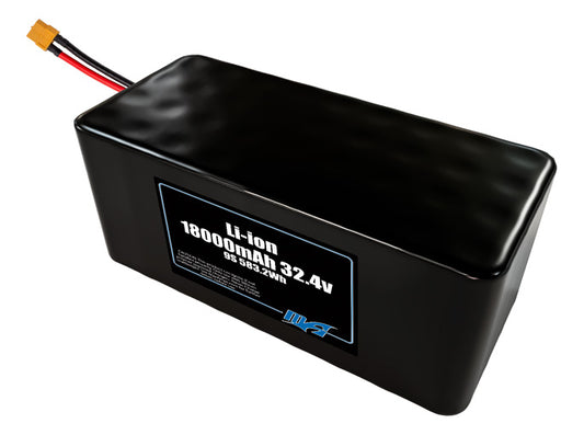 Compact 32.4-volt 18000mAh lithium-ion battery, built for lightweight drone, UAV, and robotics projects.