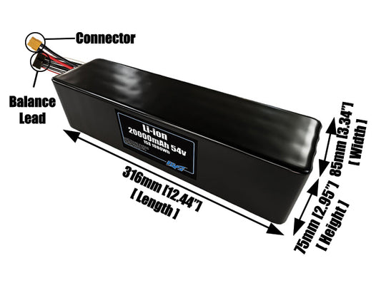 Size reference photo of the 20000mAh 54V lithium ion pack showing 316 mm by 85 mm by 75 mm dimensions ideal for drones or large robotic systems where space matters.
