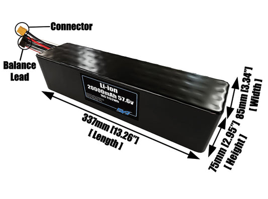 Size reference photo of the 20000mAh 57.6V lithium ion pack showing 337 mm by 85 mm by 75 mm dimensions ideal for drones or large robotic systems where space matters.