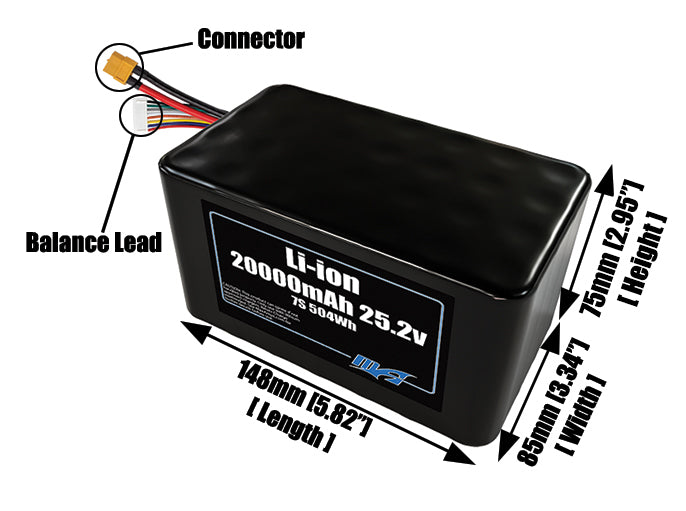 Size reference photo of the 20000mAh 25.2V lithium ion pack showing 148 mm by 85 mm by 75 mm dimensions ideal for drones or large robotic systems where space matters.
