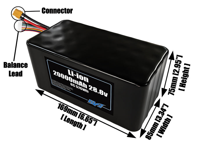 Size reference photo of the 20000mAh 32.4V lithium ion pack showing 169 mm by 85 mm by 75 mm dimensions ideal for drones or large robotic systems where space matters.
