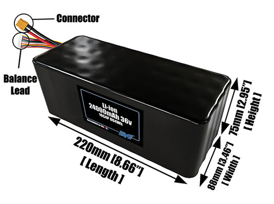 Size reference photo of the 24000mAh 36V lithium ion pack showing 220 mm by 88 mm by 75 mm dimensions ideal for drones or large robotic systems where space matters.
