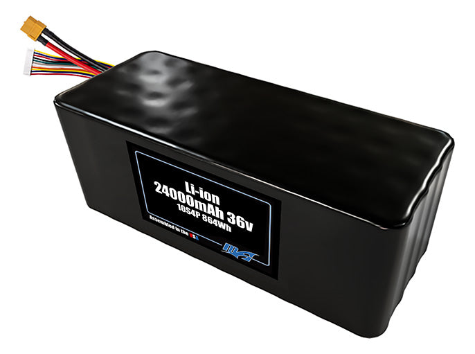 Compact 36-volt 24000mAh lithium-ion battery, built for lightweight drone, UAV, and robotics projects.