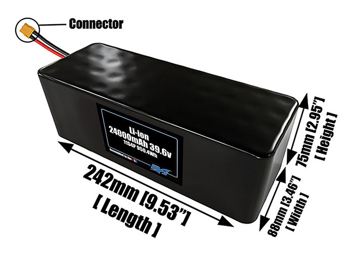 Size reference photo of the 24000mAh 39.6V lithium ion pack showing 242 mm by 88 mm by 75 mm dimensions ideal for drones or large robotic systems where space matters.