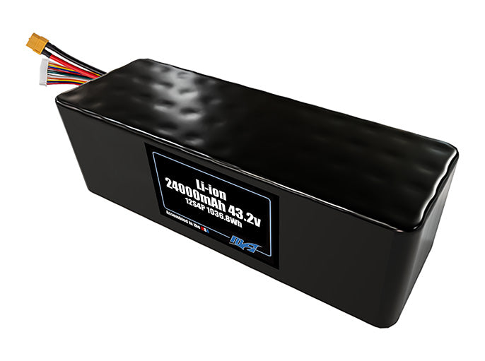 Compact 43.2-volt 24000mAh lithium-ion battery, built for lightweight drone, UAV, and robotics projects.
