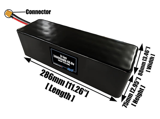Size reference photo of the 24000mAh 46.8V lithium ion pack showing 286 mm by 88 mm by 75 mm dimensions ideal for drones or large robotic systems where space matters.