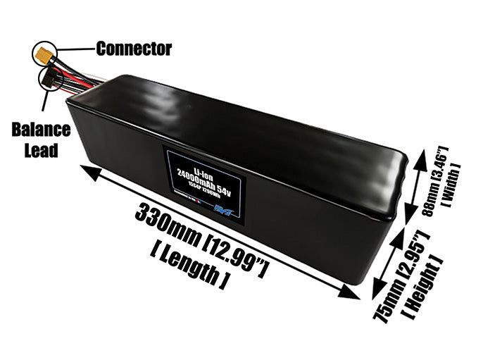 Size reference photo of the 24000mAh 54V lithium ion pack showing 330 mm by 88 mm by 75 mm dimensions ideal for drones or large robotic systems where space matters.