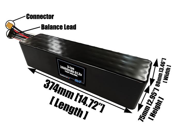 Size reference photo of the 24000mAh 61.2V lithium ion pack showing 374 mm by 88 mm by 75 mm dimensions ideal for drones or large robotic systems where space matters.