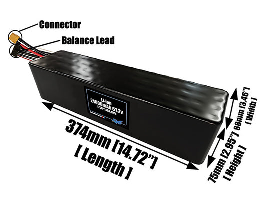 Size reference photo of the 24000mAh 61.2V lithium ion pack showing 374 mm by 88 mm by 75 mm dimensions ideal for drones or large robotic systems where space matters.