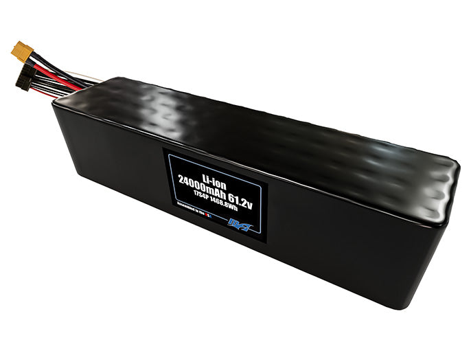 Compact 61.2-volt 24000mAh lithium-ion battery, built for lightweight drone, UAV, and robotics projects.