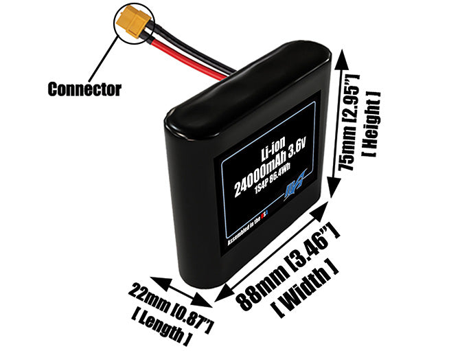 Size reference photo of the 24000mAh 3.6V lithium ion pack showing 22 mm by 88 mm by 75 mm dimensions ideal for drones or large robotic systems where space matters.